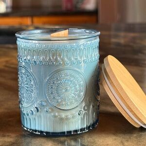 Elegant Blue Embossed Glass Candle with Wooden Lid